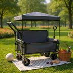 ZeHuoGe 3-in-1 Folding Wagon Cart with Bench Seat & Canopy & Storage, 500lbs Heavy-Duty, 180L Capacity, All-Terrain Wagon for Camping, Beach, Sports, & Garden (Gray)