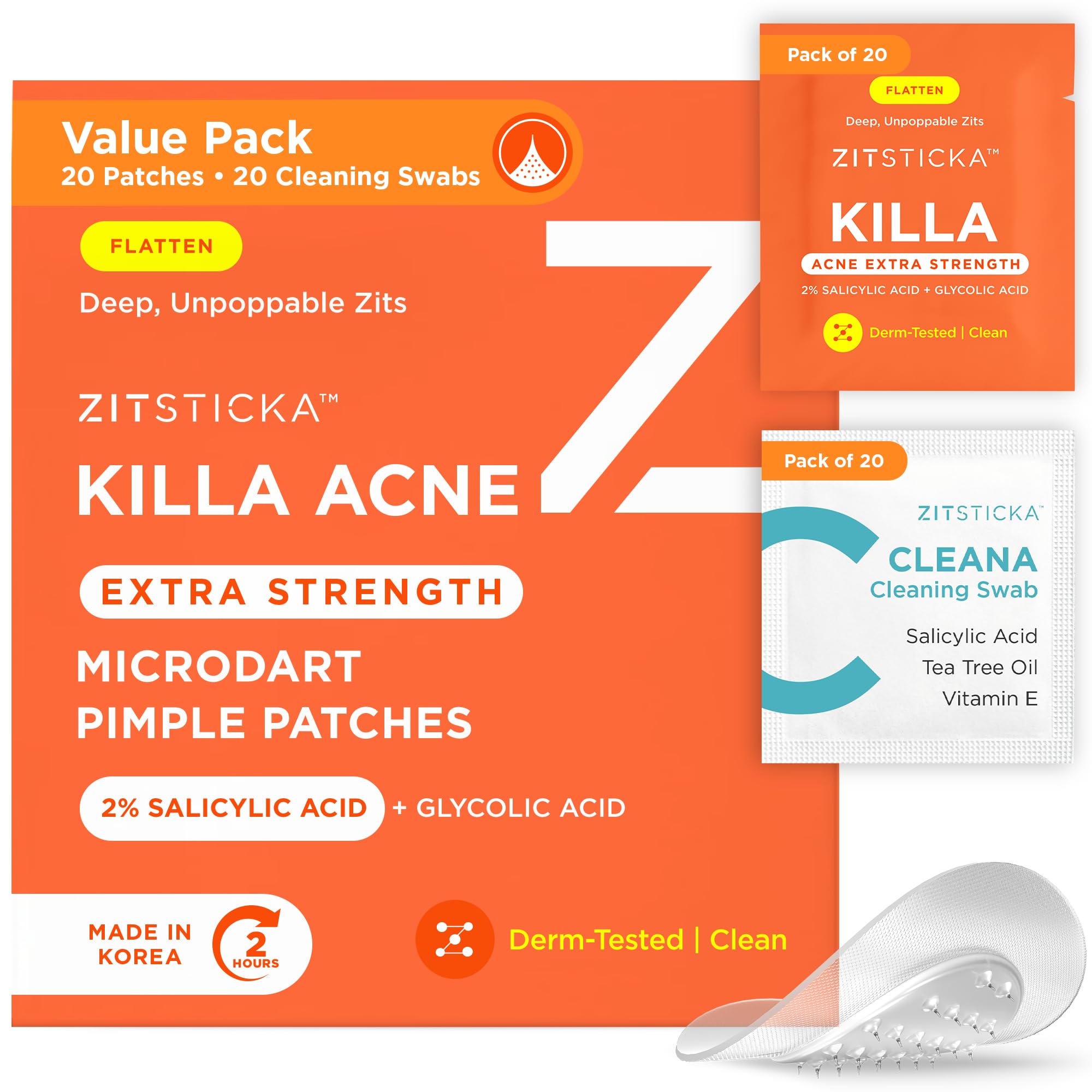ZitSticka Extra Strength Killa Acne Microdart Patches for Face - OTC Acne Treatment with 2% Salicylic Acid - Fast Acting Microdarts for Deep, Early-Stage Zits & Blemish - 20 Count