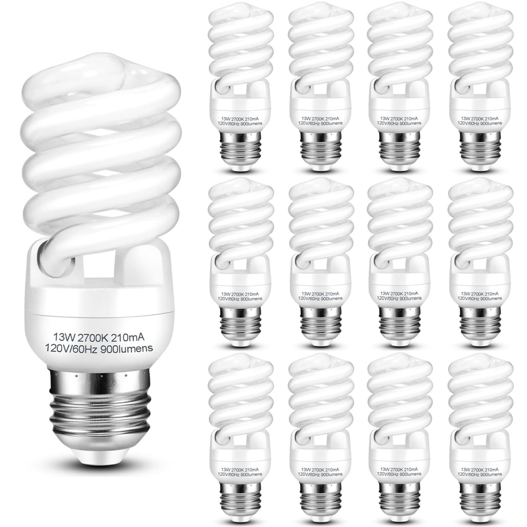 Barfelty CFL Light Bulbs E26 Base, T2 Spiral 13Watt (60Watt Equivalent) Soft White 2700K 900lm Compact Fluorescent Light Bulbs, UL Approved, 120v 60Hz, Self Ballasted CFL Bulbs, Pack of 12