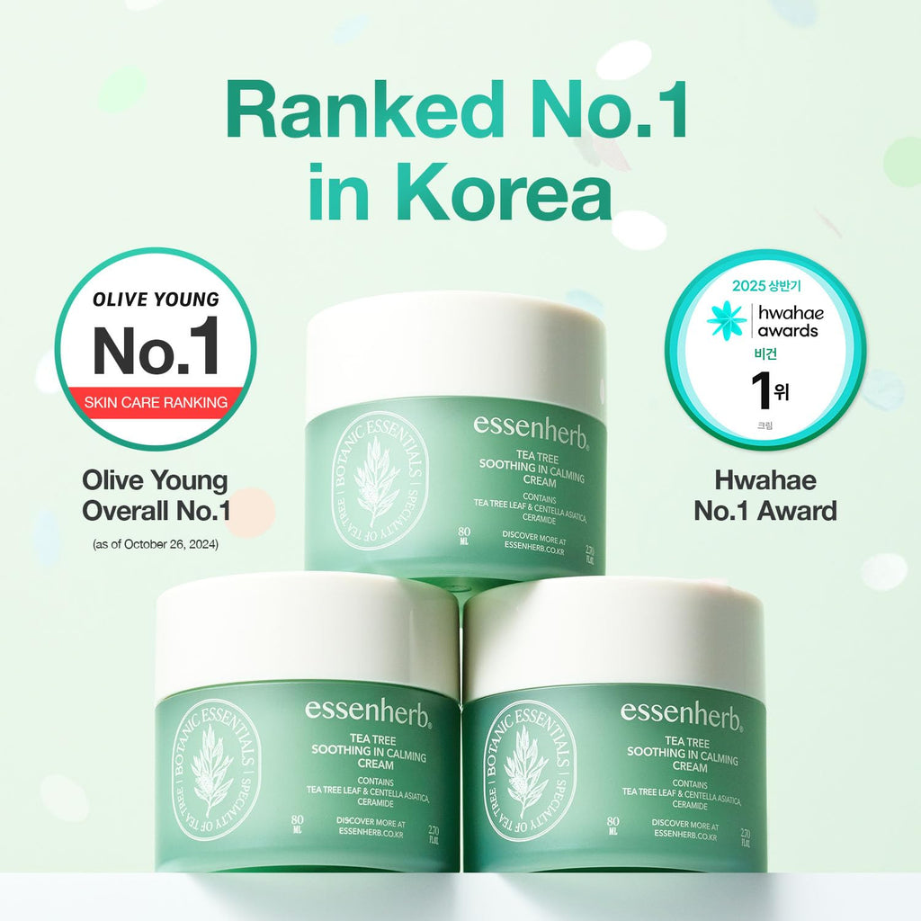 ESSENHERB Tea Tree Soothing In Calming Cream for Sensitive Skin with Tea Tree Oil & Cica, Helps reduce redness and breakouts, Soothing skin and providing hydration, Korean Skin Care (2.70 fl.oz)