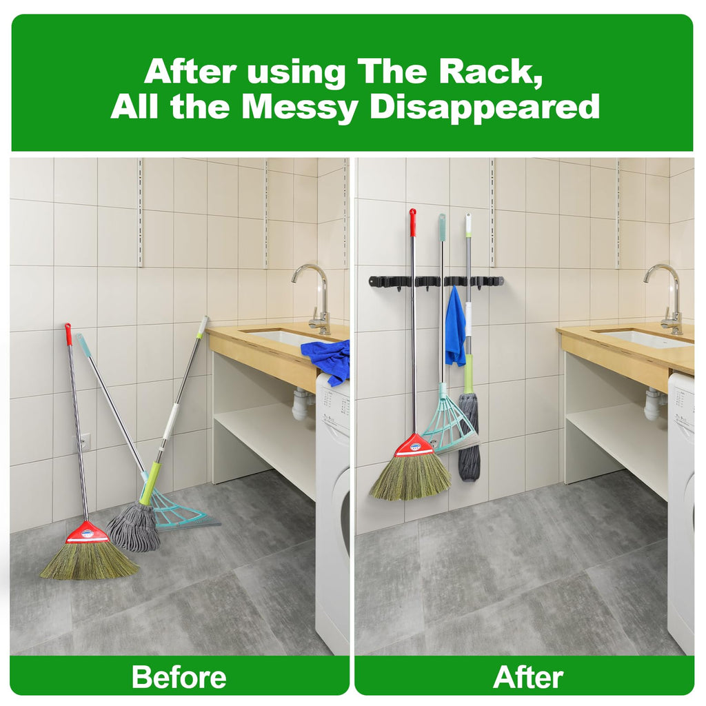 voze [2 Pack] 5 Racks and 4 Hooks Mop and Broom Holder Wall Mount, Self Adhesive Heavy Duty Broom Organizer Storage Tool Racks for Kitchen Garden Laundry Garage Black