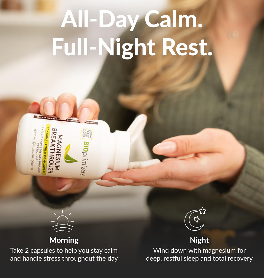 BIOptimizers Magnesium Breakthrough Supplement with 500mg - 7 Forms of Magnesium: Glycinate, Malate, Citrate, and More - Natural Support for Sleep and Cognitive Function -60 Capsules- Calming Vitamins