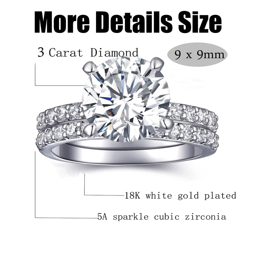 Engagement Rings For Women Wedding Rings Fake Engagement Ring Set Travel 18K White Gold Plated Promise Rings For Her 3 Carat 3CT Round Cubic Zirconia CZ Bridal Ring Sets Cheap Band 2pcs, Size 7.5