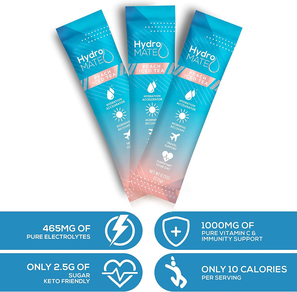 HydroMATE Electrolyte Powder Peach Tea Hydration Packets Low Sugar 30 Count
