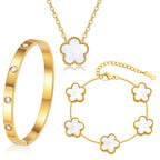 Gold Bracelets Necklace Jewelry Set - 3Pcs 18K Gold Plated Floral Bracelet,Waterproof Stainless Steel Bangles, Non-Tarnish Necklaces Daily Fashion Minimalist Jewelry,Valentines Birthday Gift for Women