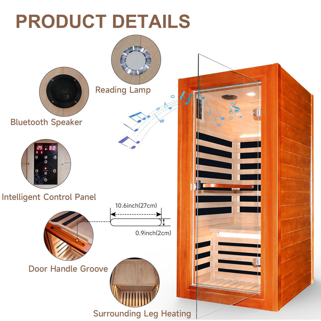OUTEXER Far Infrared Sauna Home Sauna Spa Room Low-EMF 1020W Indoor Wood Saunas for Home with 7 Color Light 31.5"x31.5"x63"