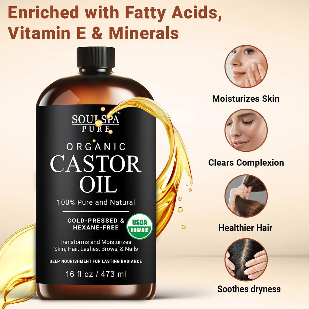 SOULSPA PURE Organic Castor Oil Glass Bottle for Hair Growth Face Scalp Skin USDA Certified 100% Pure Castor Oil Organic Glass Bottle