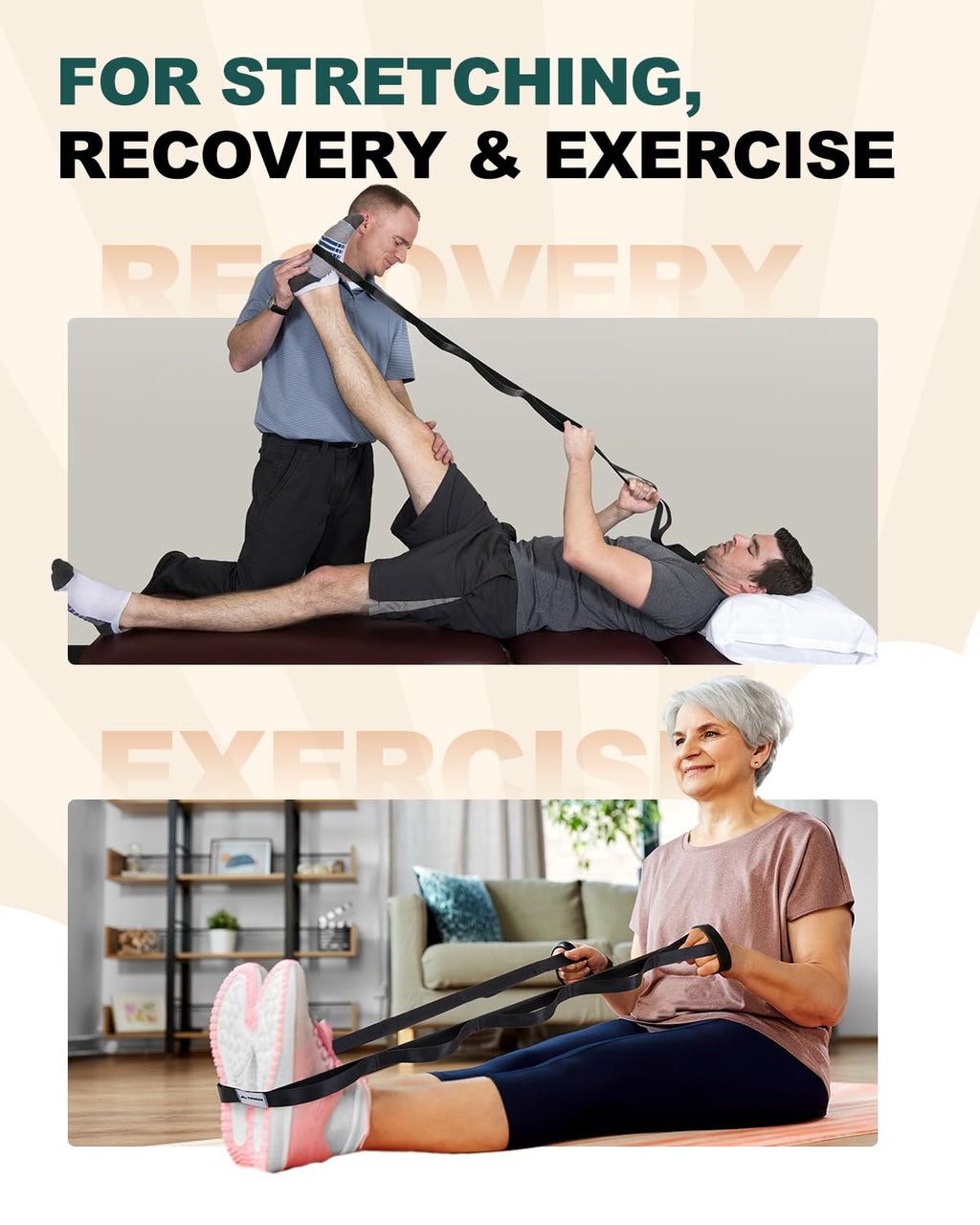 Trideer Stretching Strap Yoga Strap Physical Therapy for Home Workout, Exercise, Pilates and Gymnastics, 10 Loops Non-Elastic Stretch Bands with Aesthetic Packaging for Women & Men (Black)