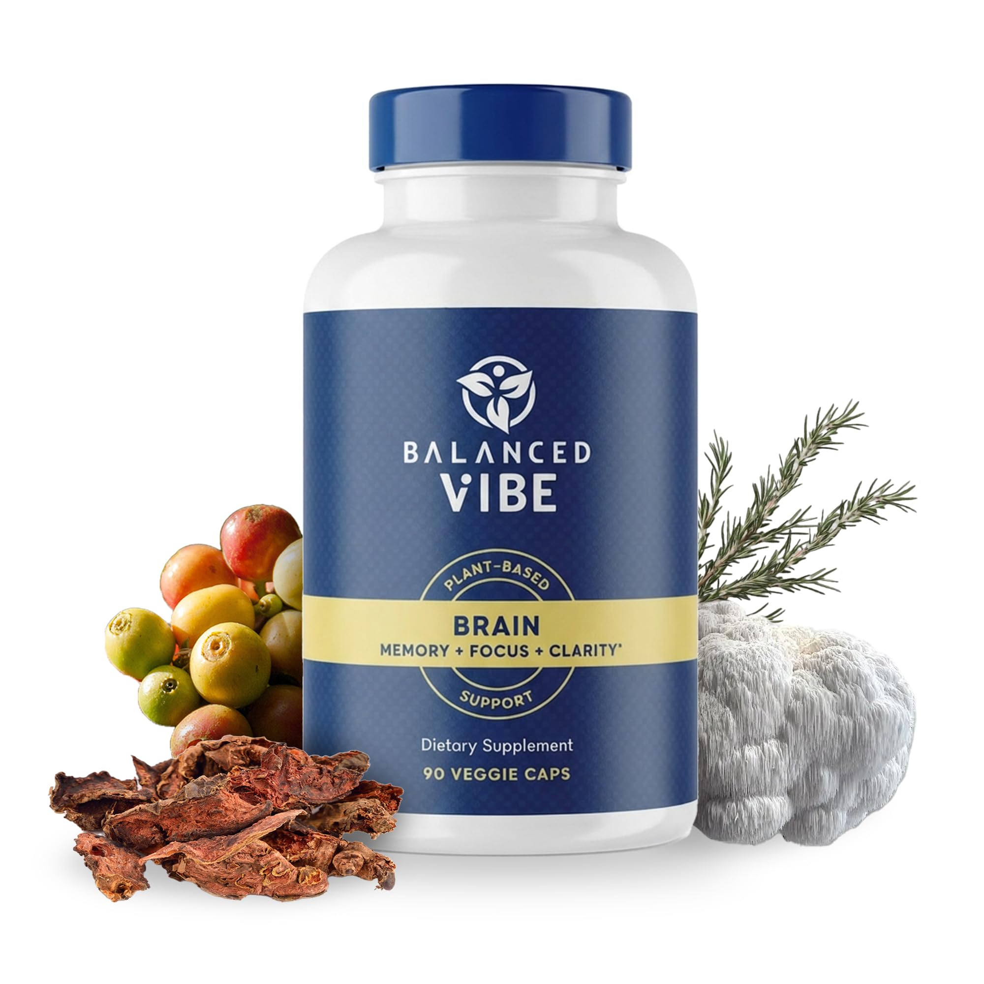 Balanced Vibe Brain Supplement 8 in 1 with Lion's Mane, Bacopa, Rhodiola, Ginkgo Brain Supplements for Memory, Focus & Mental Clarity, Non-Stimulant, Organic, Vegan, GMP Certified, 90 Capsules
