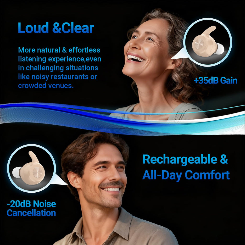 OTC Hearing Aids for Seniors & Adults - Rechargeable, 25+ Hour Battery Life, Advanced Noise Cancellation, 5-Level Volume & Memory, Clear Sound, Comfort-Fit
