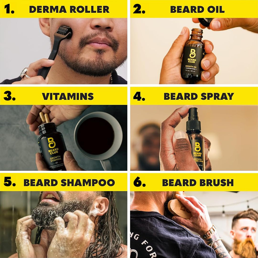 The Beard Club Advanced Beard Growth Kit - Derma Roller, Growth Oil, Vitamins and Vitamin Spray, Shampoo and Boar Bristle Brush - Gift Set - Cedar