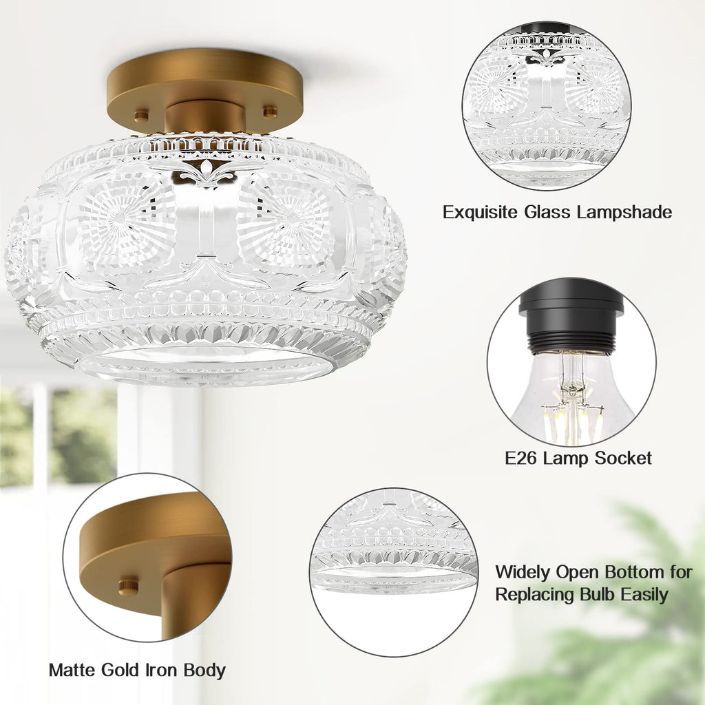 OYKYOHEI Semi Flush Mount Ceiling Light, Globe Glass Ceiling Light Fixture, Gold Modern Lighting for Hallway Porch Corridor Kitchen Bedroom, Bulb Not Included