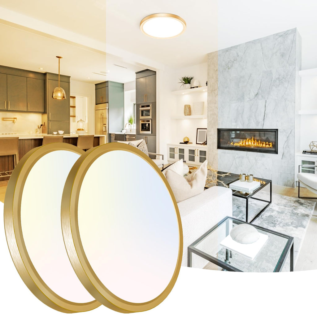 Peasur 12 Inch LED Ceiling Light Gold, 24W Slim Flush Mount Ceiling Light 3000K/4000K/6500K Adjustable, Modern Round Ceiling Lighting for Bedroom, Living Room, Kitchen(2 Pack)