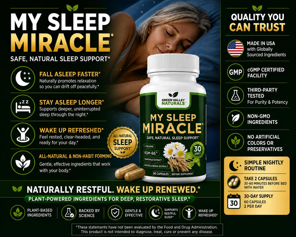 GREEN VALLEY NATURALS My Sleep Miracle Vegan Sleep Support Supplement | Melatonin-Free Formula | Ashwagandha, Chamomile & L-Theanine | Promotes Calm, Relaxation & Restful Sleep | 60 Capsules