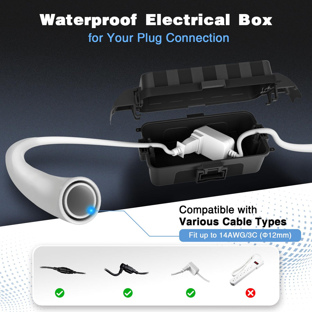 FLEMOON [2 Pack] IP55 Outdoor Electrical Box Waterproof with Detachable Awning Covers, 8.3 x 4.1 x 3.7 inch Weatherproof Extension Cord Cover, Easy Installation for Outdoor Plug, String Lights, Black