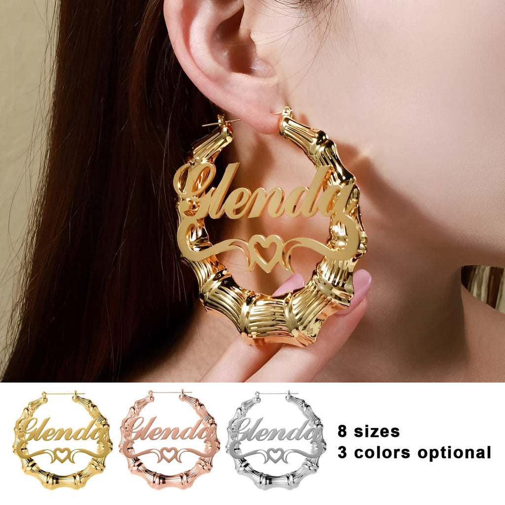 Handmade Bamboo Hoop Earrings for Women Gold Personalized Name Earrings Custom Engraved Stainless Steel Hypoallergenic Birthday Christmas Gift for Mom Grandma (Earring-hoop)