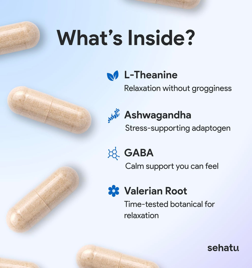 SEHATU Relax Plus Stress Relief Supplement | with GABA, L-Theanine, Ashwagandha, Valerian Root | Supports A Relaxed Mood and Restful Sleep | 60 Count | 30 Day Supply