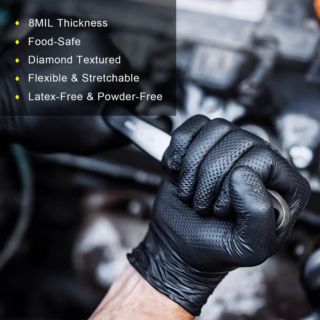 PROMEDIX P Heavy Duty Nitrile Gloves with Diamond Texture 8 Mil Non-Medical Disposable Glove Latex Free Powder Free Industrial -Black,L
