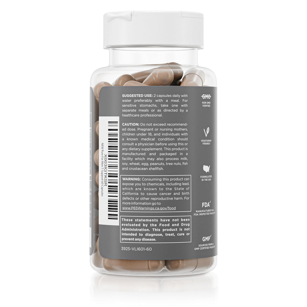 Pure for Men T-Support Supplement | Vegetarian Total Support for Men with Maca, Vitamin D, & Ashwagandha, Muscle Health | Endurance, Strength, Focus, & Energy Support | 60 Capsules