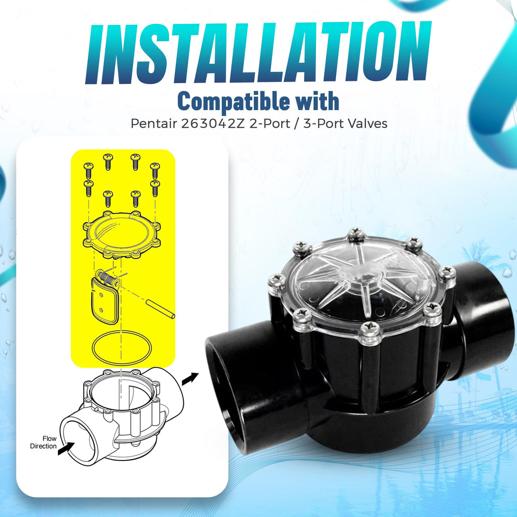 Aquatonics Replacement 263042Z 2-Way Pool Check Valve Cover with Flapper Assembly for 263042 – Compatible 2" Check Valve Kit (Not for FullFLOXF 263060/263077) – Durable Transparent Pool Valve Cover