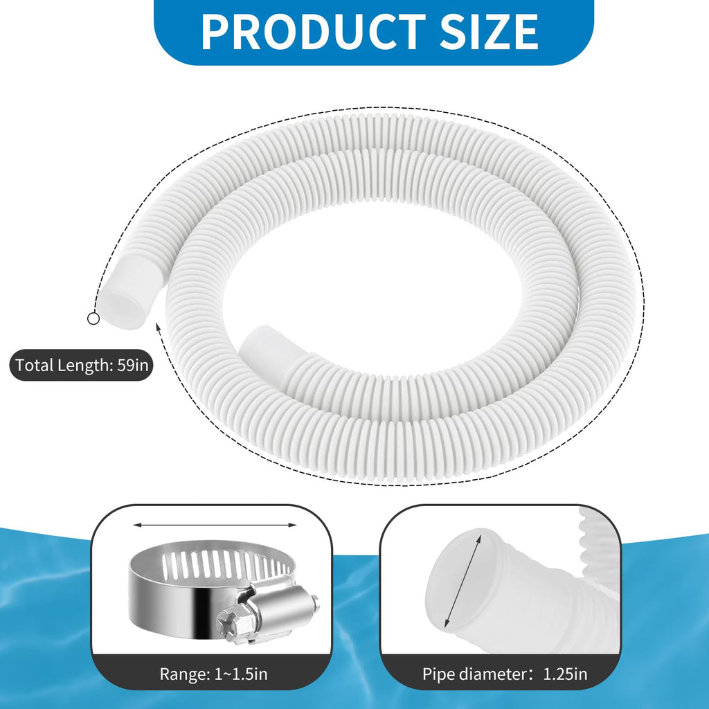 Pool Hose Compatible with Bestway Above Ground Pools, Pool Filter Hose Replacement, 1.25 x 59 Inch Pump Hoses, Compatible with Intex Pump Models 607, 637, 2 Pack 1 1/4 Hoses with 4 Metal Clamps