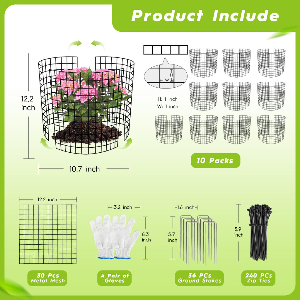 10 Pack Plant Protectors from Animals Wire Plant Protector Cage to Keep Animals Out with Zip Ties & Stakes, 30 Panels Bendable Metal Mesh for Flowers Vegetables