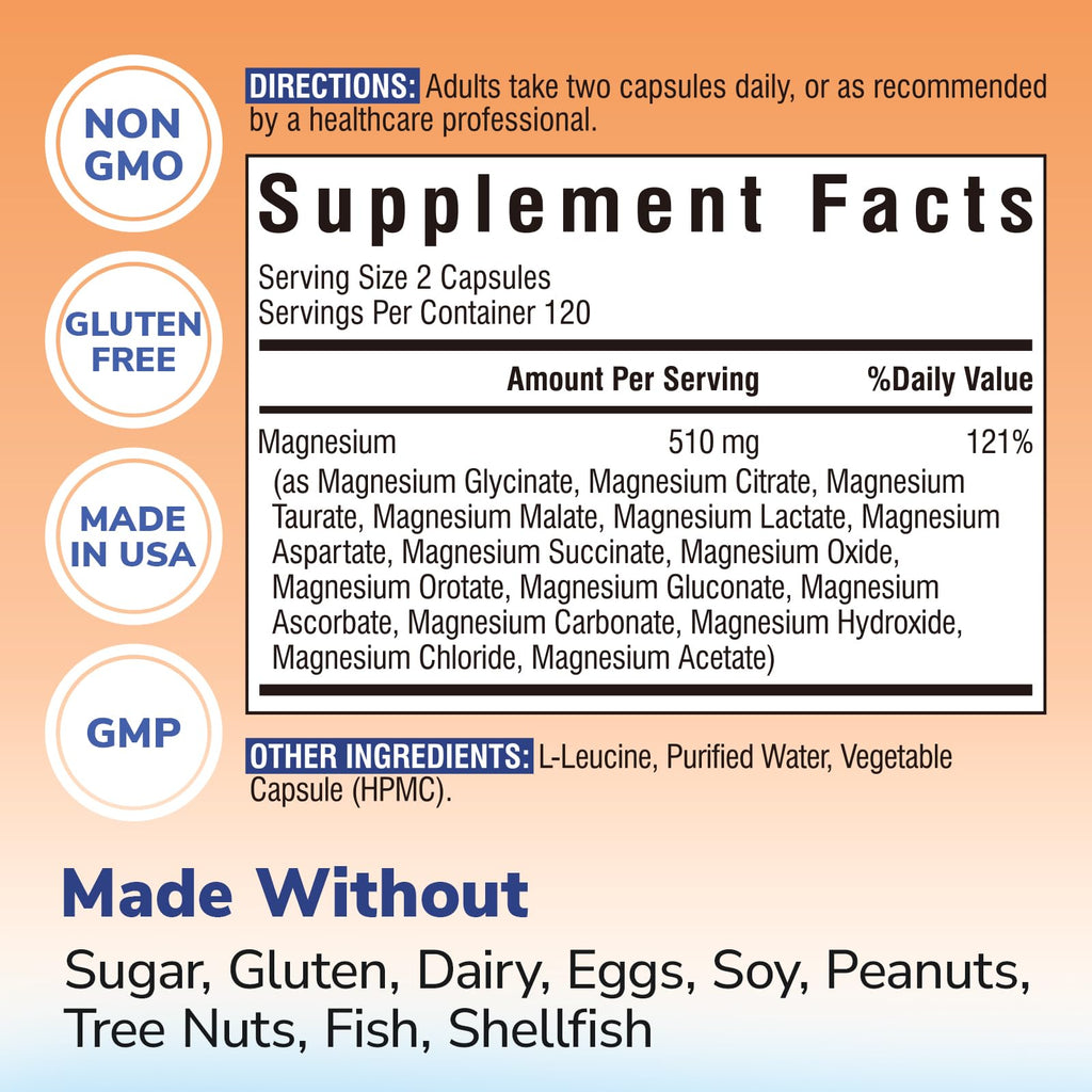 Vitalibre 15 in 1 Magnesium Complex Supplement 510mg | Maximum Absorption Glycinate, Malate, Taurate, Citrate and More for Bones, Heart, Recovery, Energy | Non-GMO, 240 Capsules