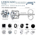 LEBOCADO 12 Pairs Earrings for Men, Stainless Steel Black Stud Earrings Hoop Earrings Set for Women, Black and Sliver Ear Studs (12 Pairs Set)