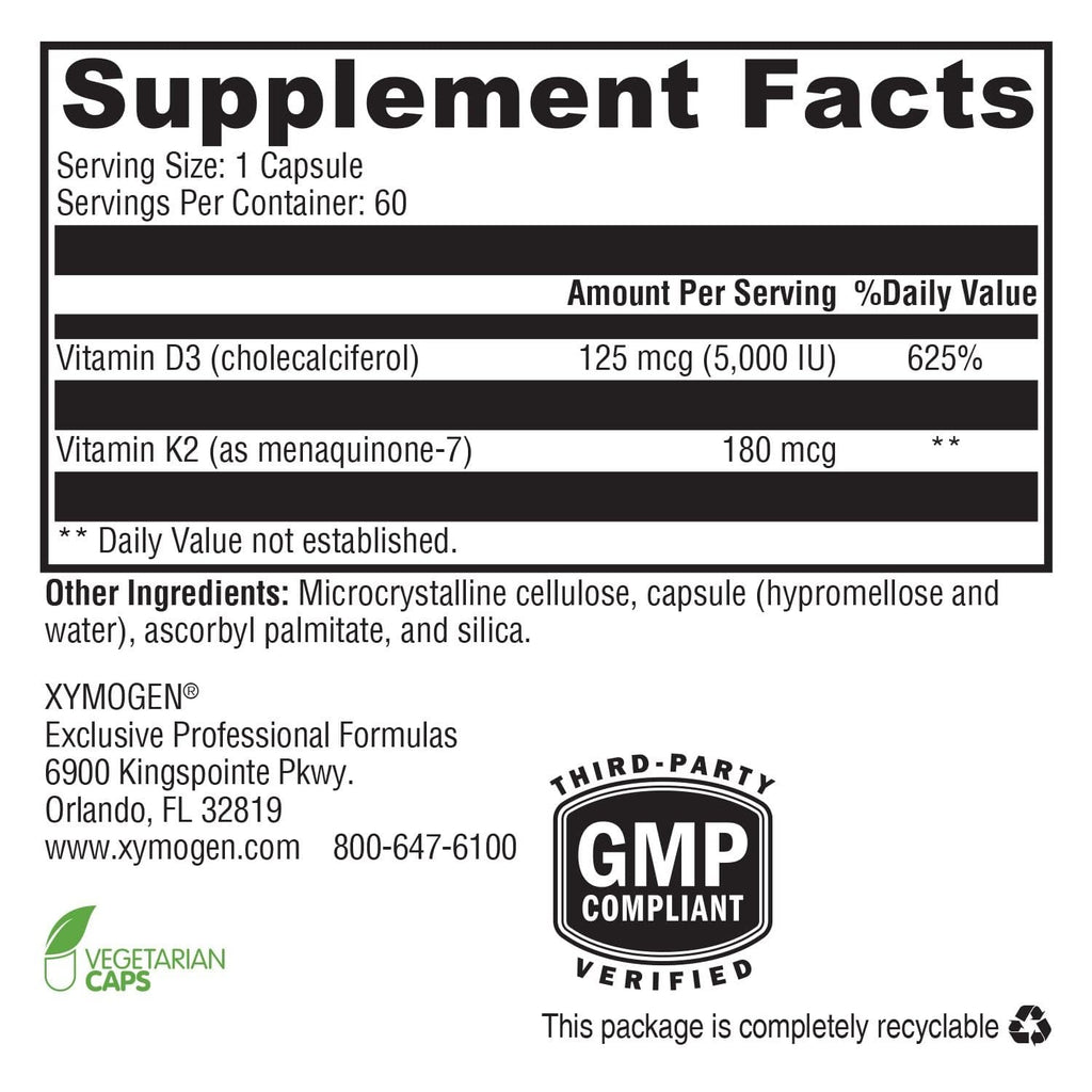 XYMOGEN K2-D3 5000 - Vitamin D3 K2 Supplement for Immune, Bone & Cardiovascular Support* - Non-GMO, Gluten Free, Vegetarian - 60 Capsules