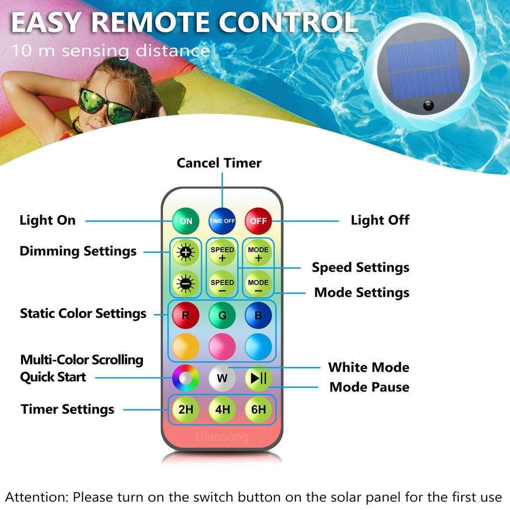 Blansong Solar Pool Chlorine Floater 2 Pack Adjustable Release Swimming Pool Chlorine Tablet Floater with Color Changing Floating Dispenser with Romote Control and Timer IP68 Waterproof