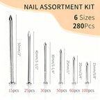 Ywmimn 280 Pcs Nail Assortment Kit, 6 Sizes Finishing Nails for Hanging Pictures, Maximum Length 2 Inches Galvanized, Long and Small Nails for Wall Art