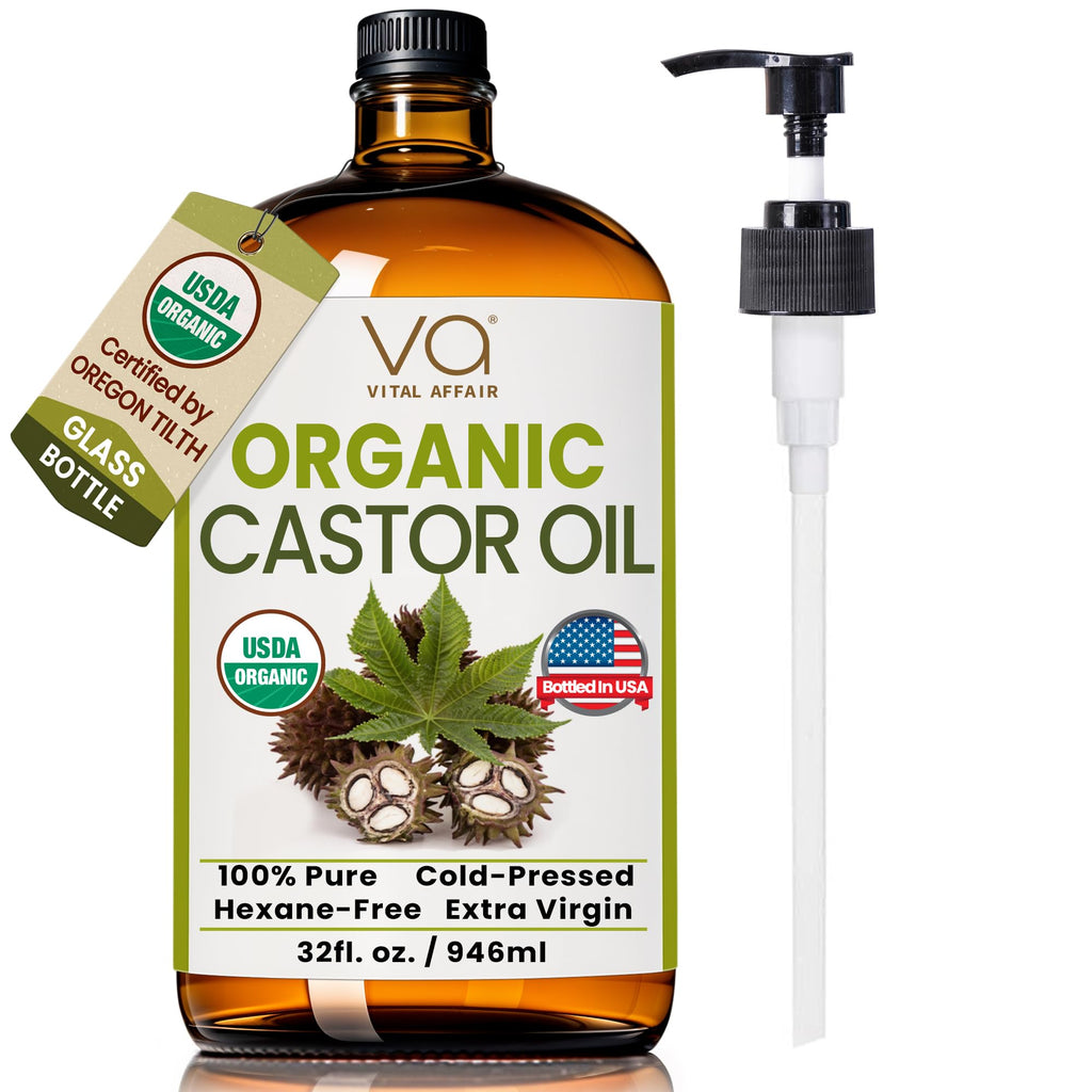 VITAL AFFAIR Pure Organic Castor Oil 946 Ml(32 Oz)- Cold Pressed, Unrefined, USDA Certified Organic - Glass Bottle for Hair Growth, Eyelashes, Eyebrows, Face