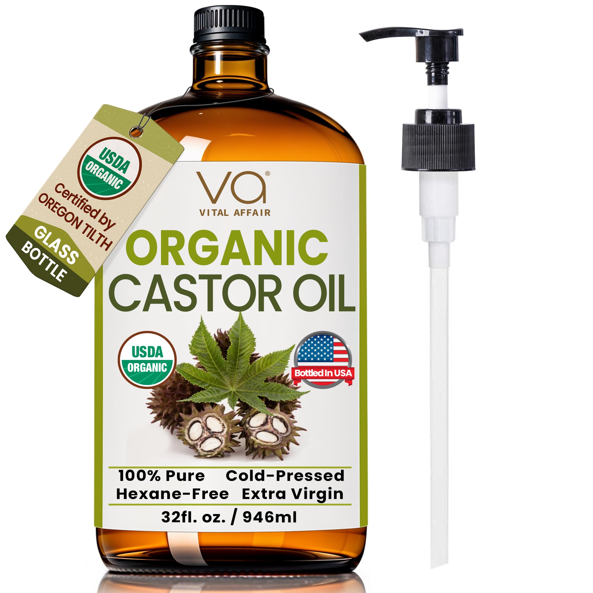 VITAL AFFAIR Pure Organic Castor Oil 946 Ml(32 Oz)- Cold Pressed, Unrefined, USDA Certified Organic - Glass Bottle for Hair Growth, Eyelashes, Eyebrows, Face