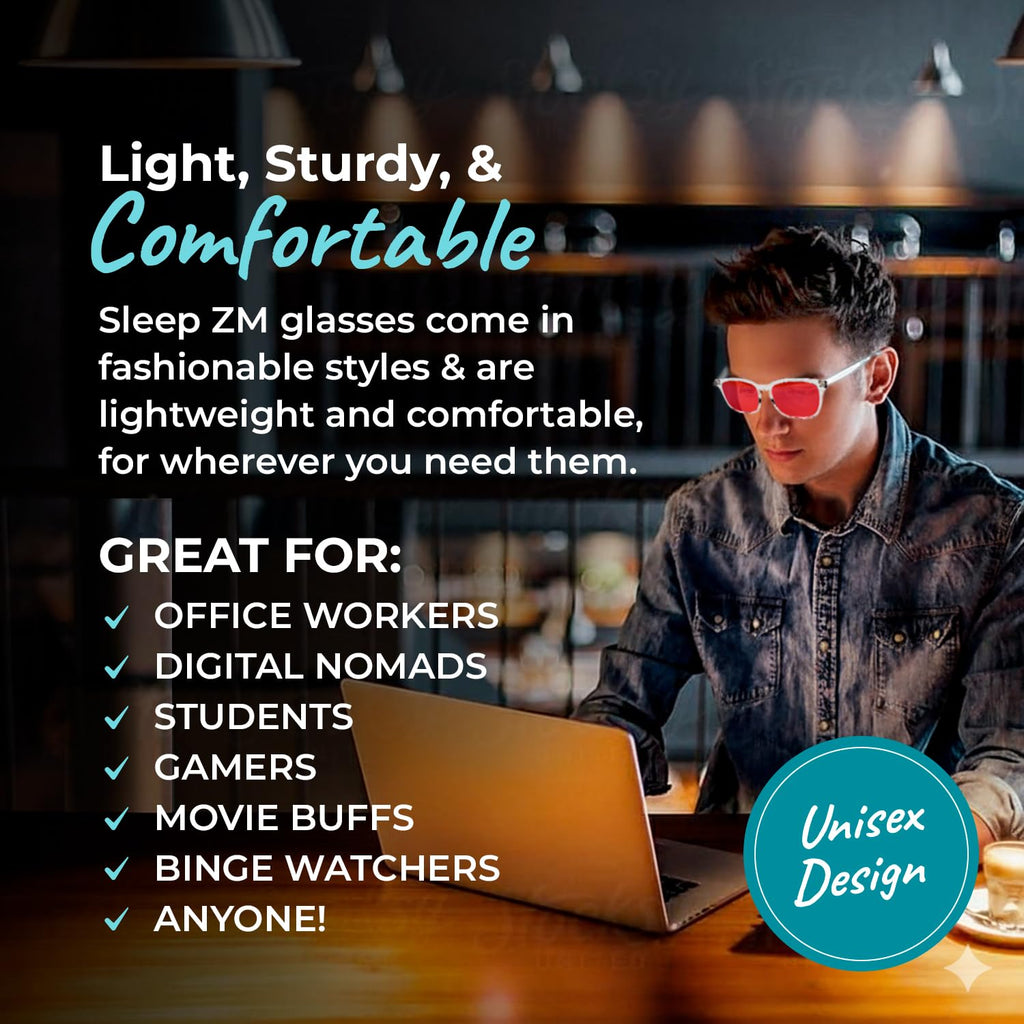 Sleep ZM 100% Wayfarer Classic Blue Light Blocking Glasses - Better Sleep Anti Eye Strain Protection - Computer Gaming Women Men - Crystal - 100% Max Protect Red Lens