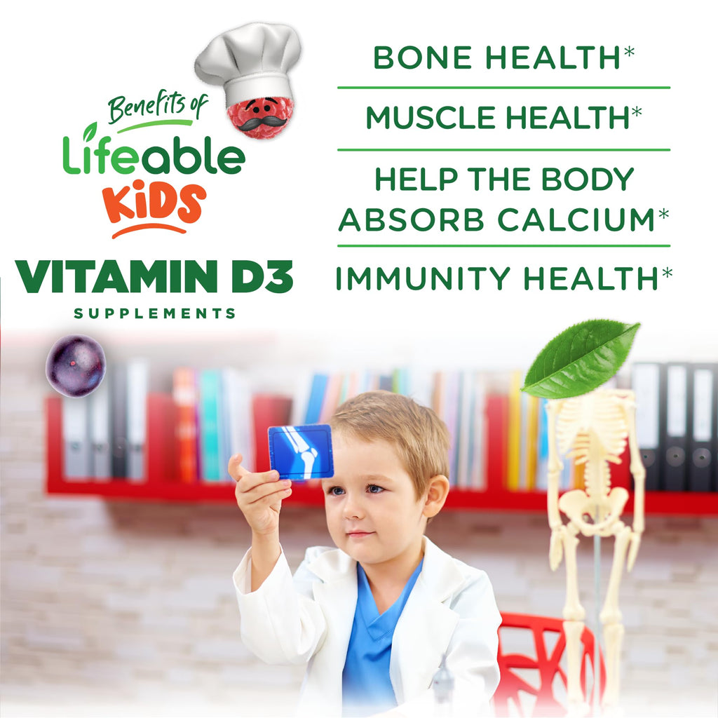 Lifeable Kids Vitamin D Gummies | Vitamin D3 1000iu | Great Tasting Vitamin D3 Gummies | D3 Vitamin for Strong Healthy Bones and Immune Support | Vitamin D for Kids, Boys, Girls | 90 Gummies