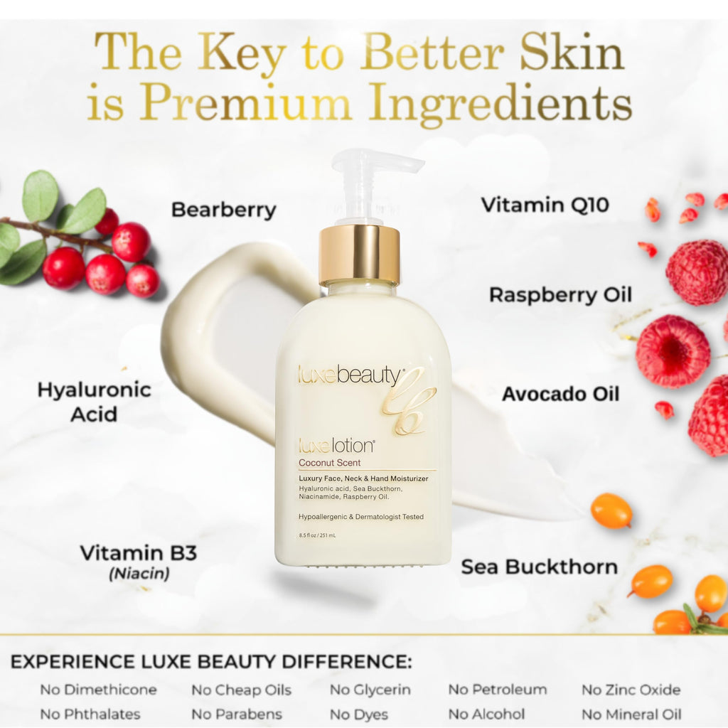 LUXELOTION Non-Greasy Moisturizer for Face, Neck & Hands – Coconut Scented Lotion, Anti-Aging, Hyaluronic Acid Body Lotion - Hyaluronic Acid for Body with Organic & Plant Based Ingredients
