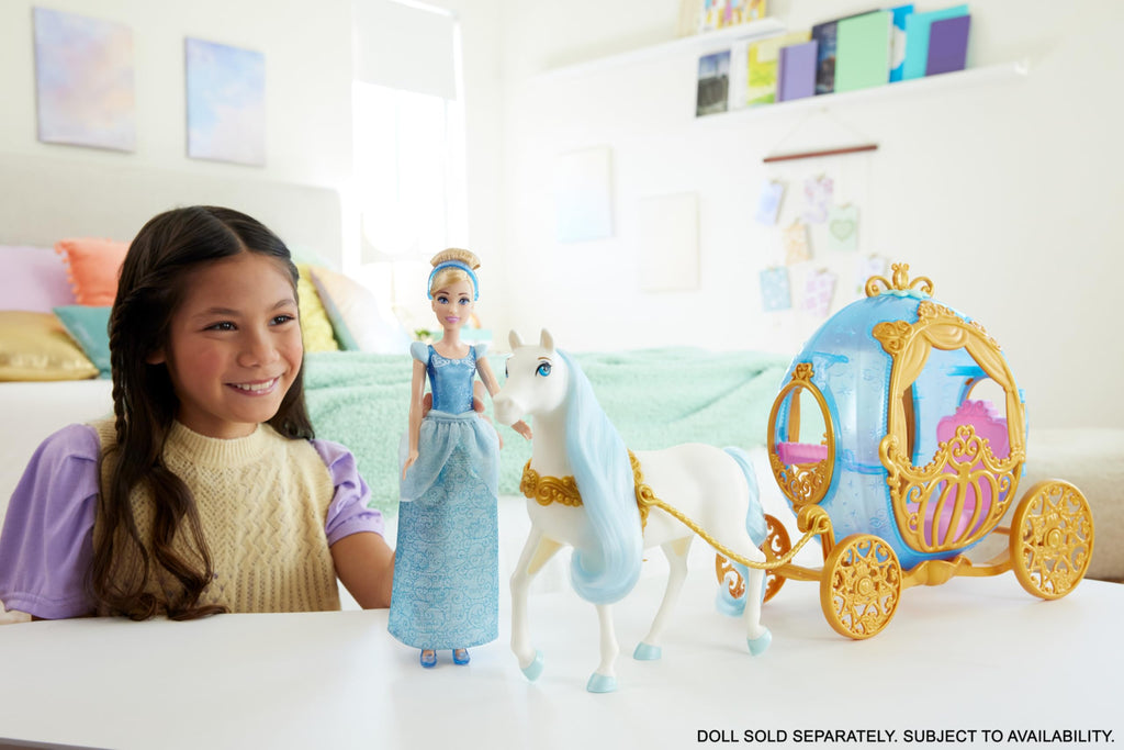 Mattel Disney Princess Toys, Cinderella’s Rolling Carriage, Fashion Doll-Sized with White Horse Featuring Brushable Mane & Tail, Inspired by The Movie