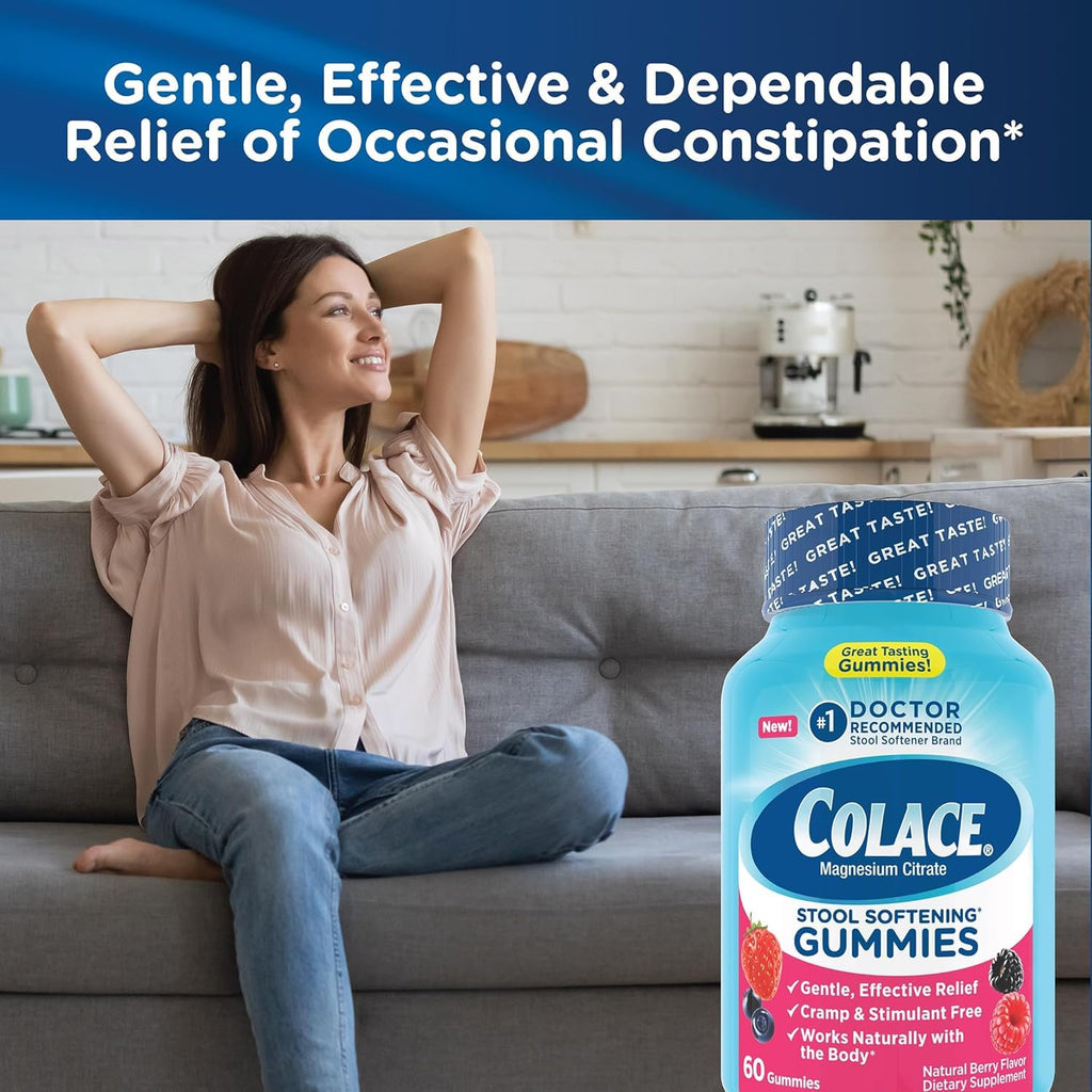 Colace Stool Softener Gummies, Gentle Dependable Constipation Relief Magnesium Citrate Gummies, No.1 Doctor Recommended Stool Softener Brand, Berry Flavored 60ct (Pack of 2)