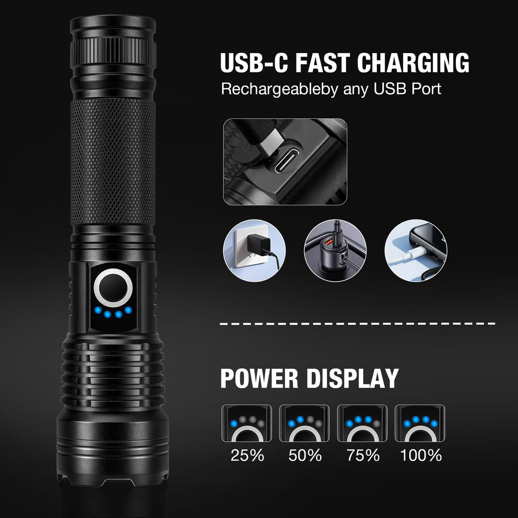 MILAOSHU Rechargeable Flashlights 90000 High Lumens - 2 Pack, Super Bright LED Flashlight Rechargeable with 5 Light Modes, High Powered & IPX7 Waterproof Flash Light for Camping, Home
