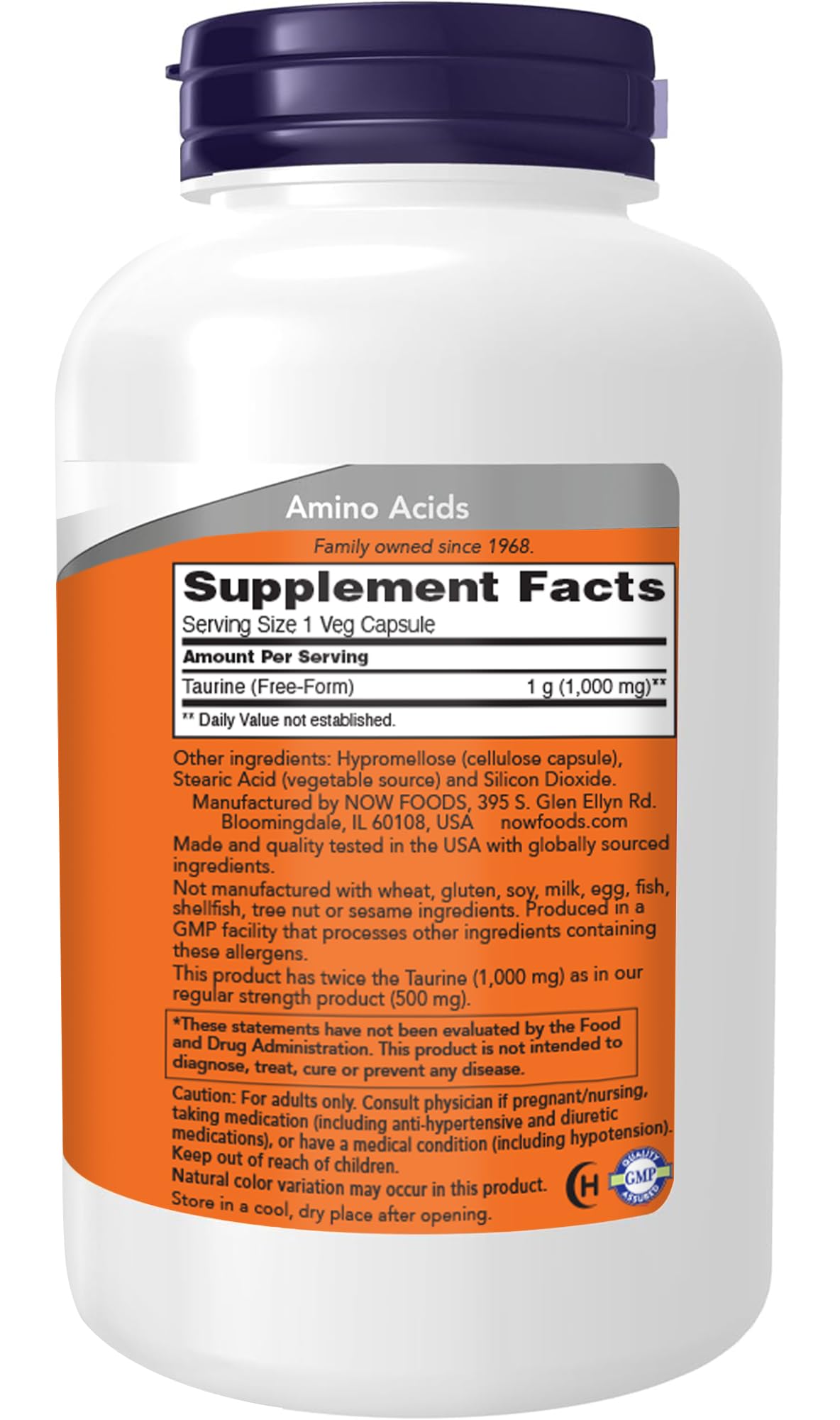 NOW Foods Supplements, Taurine 1,000 mg, Double Strength, Nervous System Health*, 200 Veg Capsules (2)
