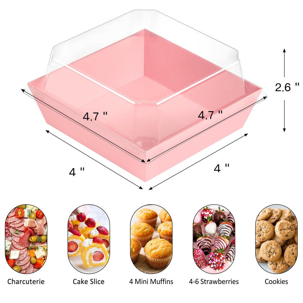 ZORRITA 50 Pack Small Pink Paper Charcuterie Boxes with Clear Lids, 4 Inches Disposable Sandwich Boxes Square To Go Food Containers for Desserts, Strawberries, Cake Slice and Cookies