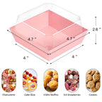 ZORRITA 50 Pack Small Pink Paper Charcuterie Boxes with Clear Lids, 4 Inches Disposable Sandwich Boxes Square To Go Food Containers for Desserts, Strawberries, Cake Slice and Cookies