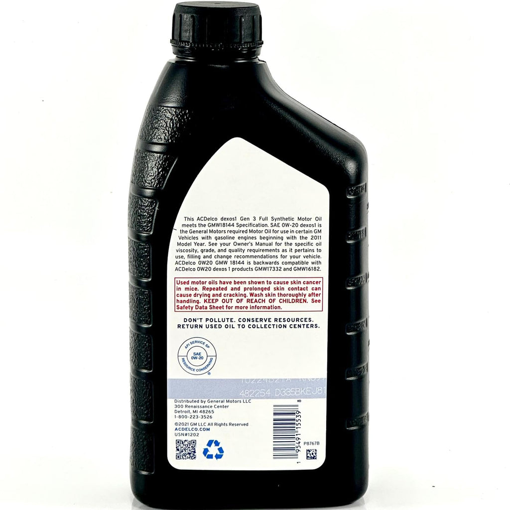 ACDelco 10-9322 19432331 dexos1 GEN 3 Full Synthetic 0W-20 Motor Oil - For 5.3L L82/L84 & 6.2L L87 | Case of 6 Quarts