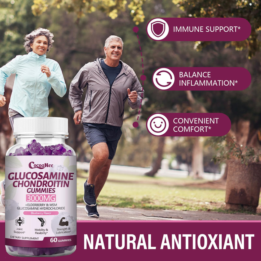 CocoaNee 3 Packs 3000MG Glucosamine Chondroitin Gummies, Extra Strength Joint Support Supplement with MSM & Elderberry, Flexibility, Antioxidant Immune Support Gummy for Adults, Men & Women 180Cts