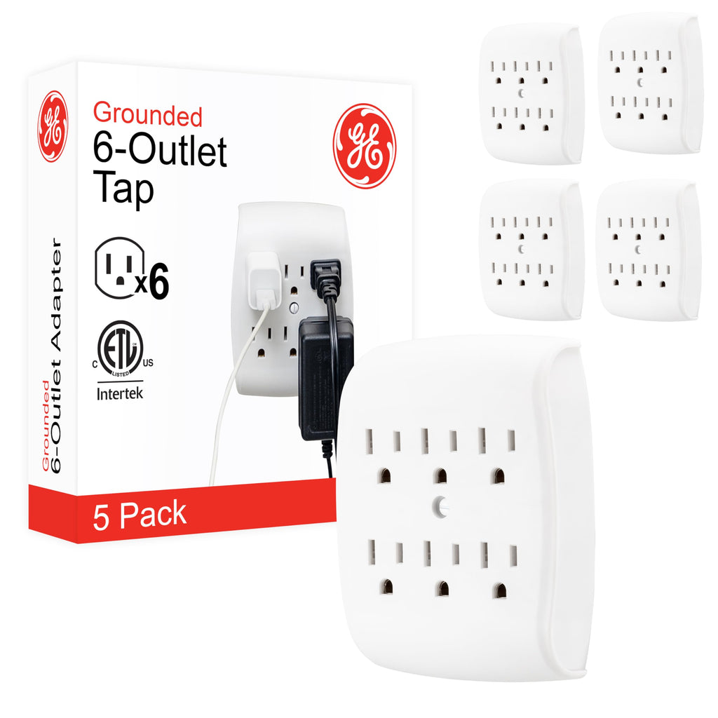 GE 6-Outlet Extender Wall Tap, 5 Pack, Grounded Adapter, Outlet Splitter, Charging Station, 3-Prong, Plug Adapter, Secure Install, Cruise Essentials, ETL Listed, White, 54853