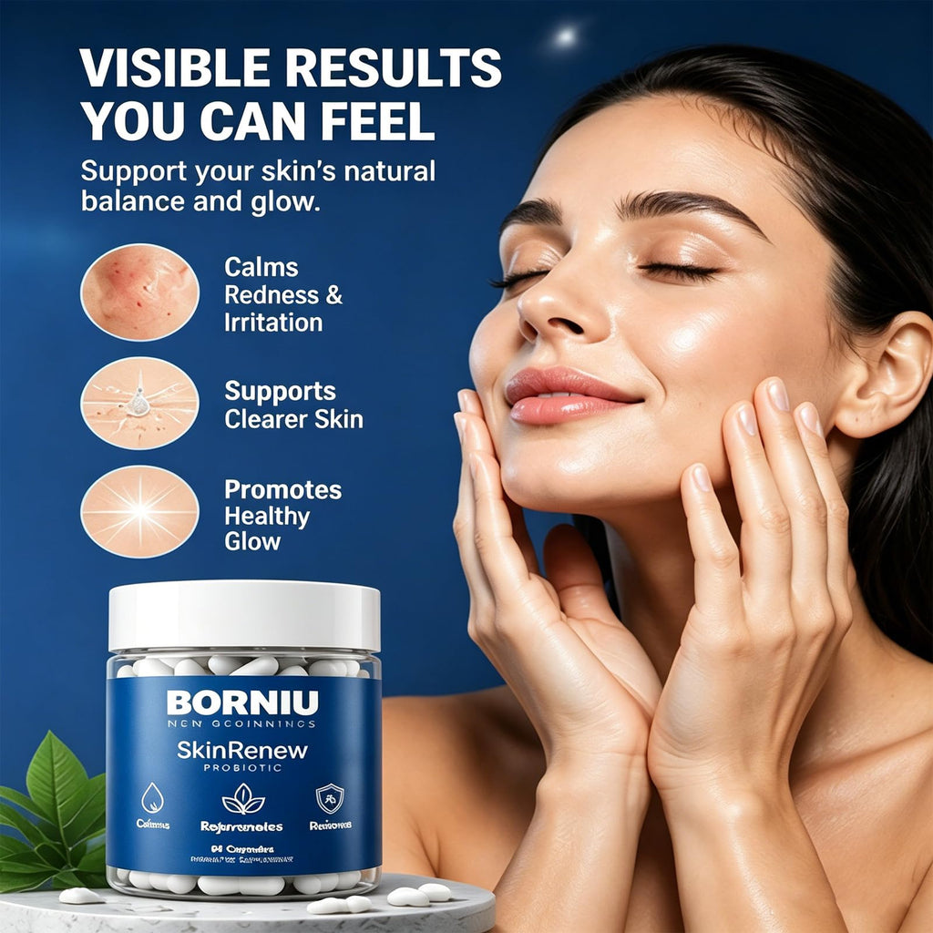 Borniu SkinRenew Probiotic Capsules, Daily Probiotic Supplement, Gut and Skin Wellness Support, Easy Daily Capsule Routine, 60 Capsules
