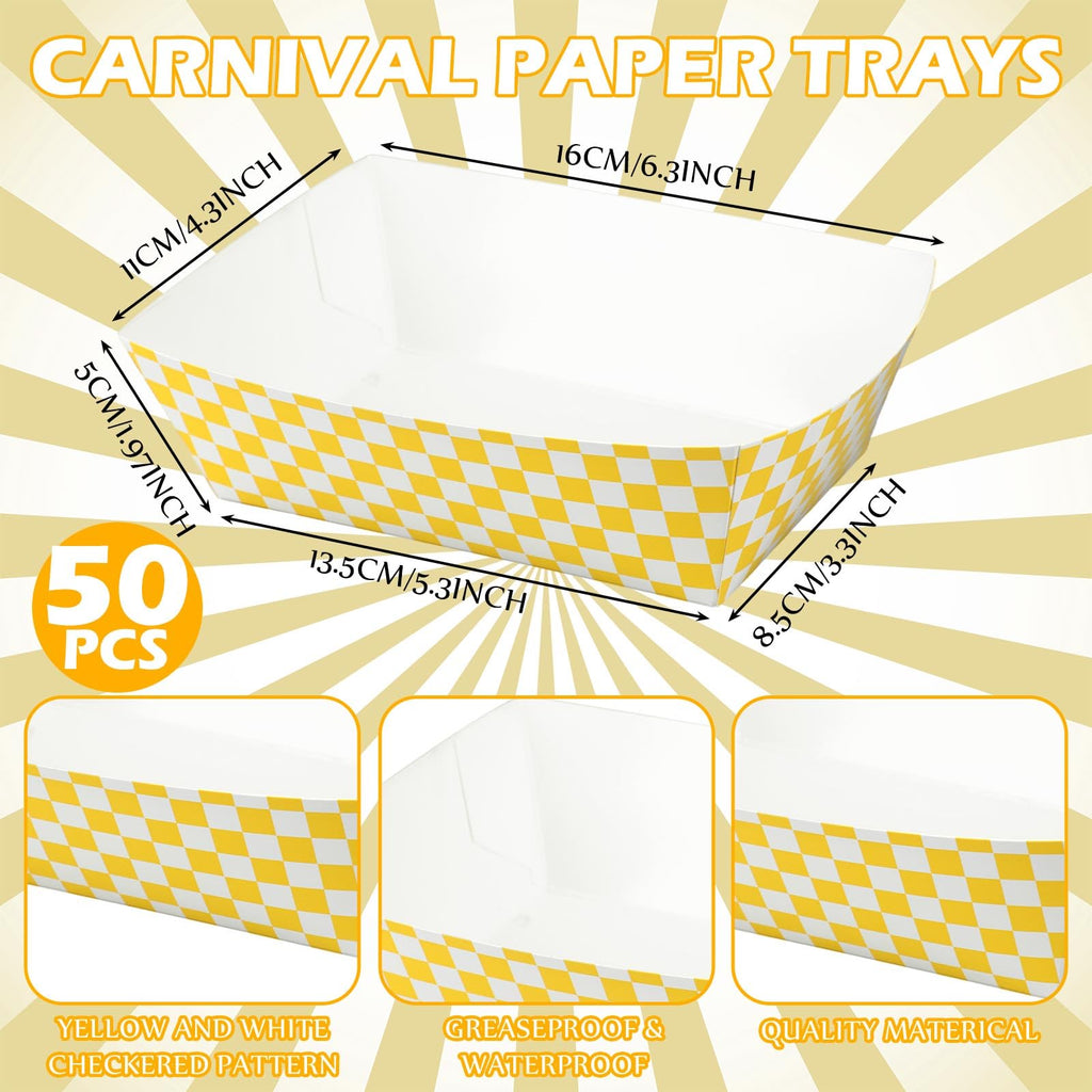 Geosar 100 Pcs Gingham Party Supply Disposable Paper Food Tray Bulk Disposable Food Boat with Checkered Wax Paper Sheet Checkered Wrapping Supply for Carnival Picnic Birthday Party (Yellow White)