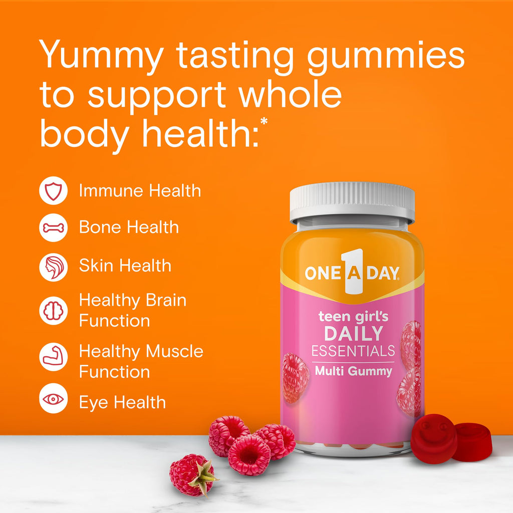 One A Day Teen Girl’s Daily Essentials Multivitamin Gummies, Teen Girl Multivitamins with Biotin, Vitamin B12 and B6, Vitamin C, Raspberry Natural Flavor, 120 Gummies