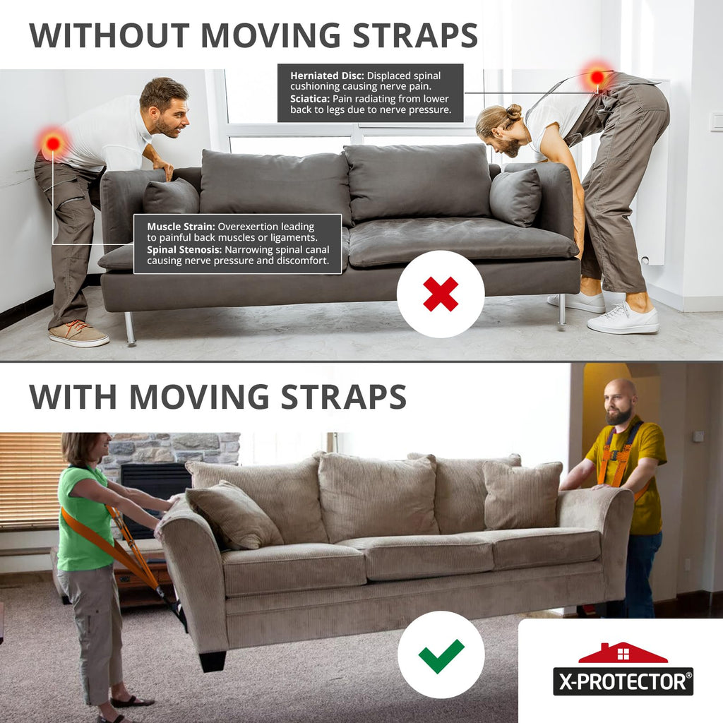 X-Protector Moving Straps - 2 Pairs - Lifting Straps for 2 Movers - Move Furniture Easily and Safely - Perfect for Lifting and Moving Heavy Objects! (with Back Support)