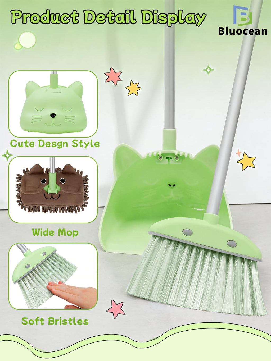 28'' Kids Mini Broom with Dustpan & Mop Set - Toddler Cleaning Toy, Toddler Household Helper, Parent-Child Interactive Play Cleaning Tool, Cute Cartoon Design, Small Safe Corner Broom (Green)